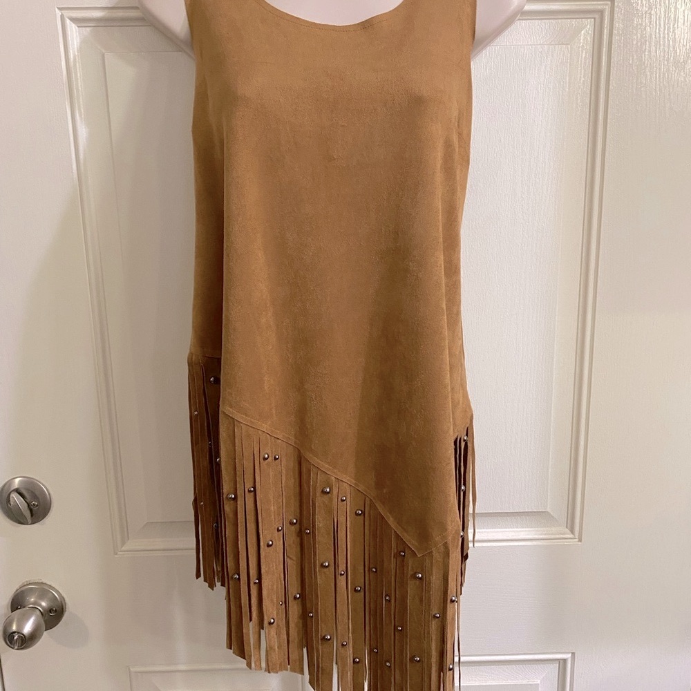 Vocal Asymmetrical Studded Fringe Camel Faux Suede Tank, Washable